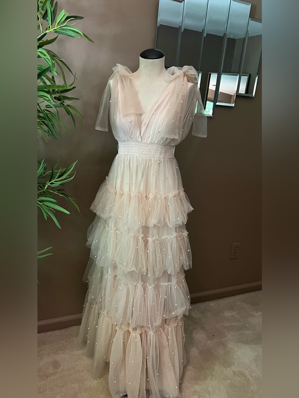 Elegant Tiered Tulle Maxi Dress in Blush